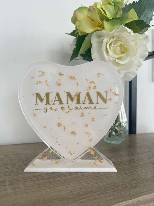 Cœur sur socle « Maman je t’aime » blanc grand format