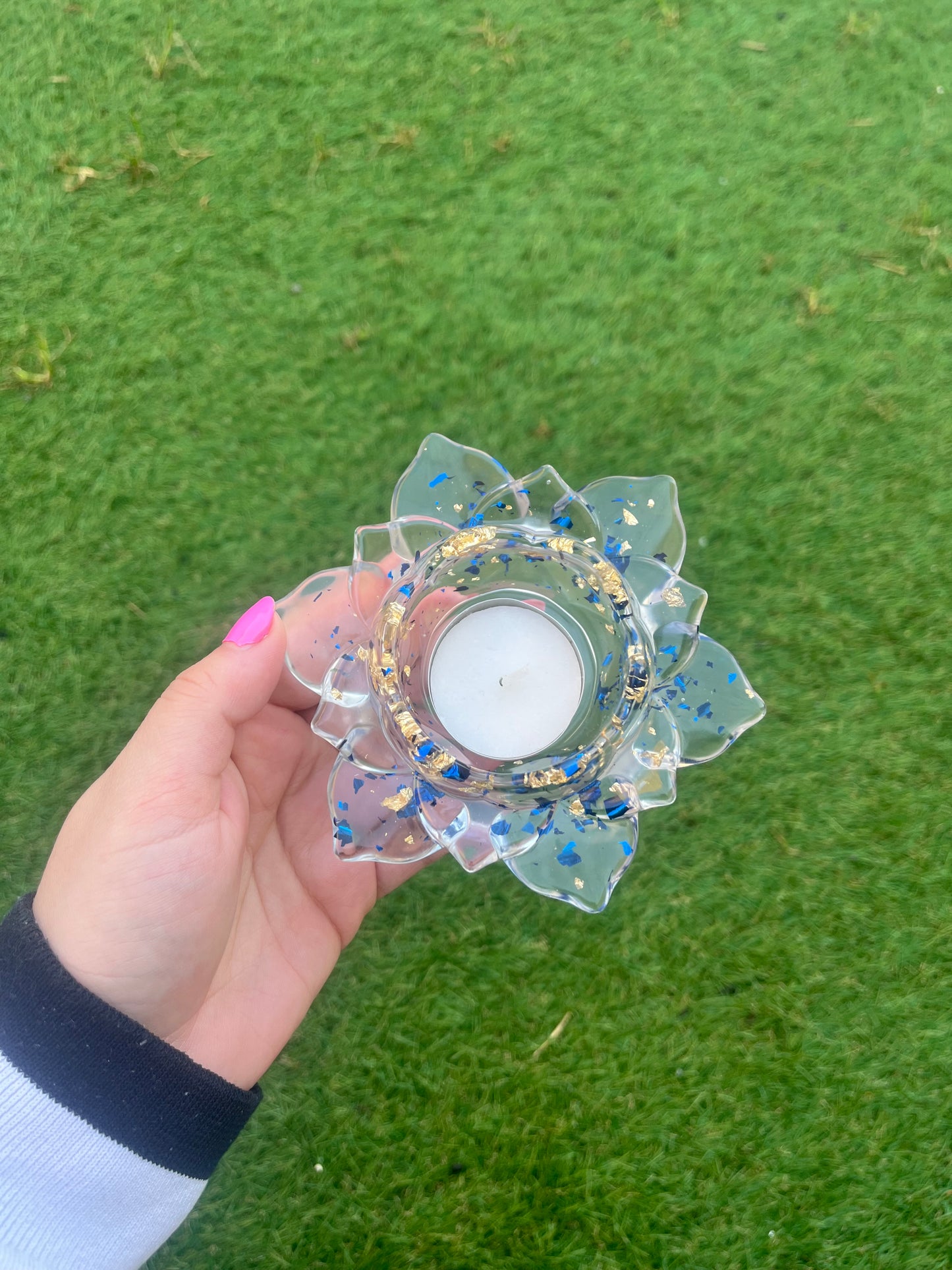 Bougeoir fleur de lotus bleu et or