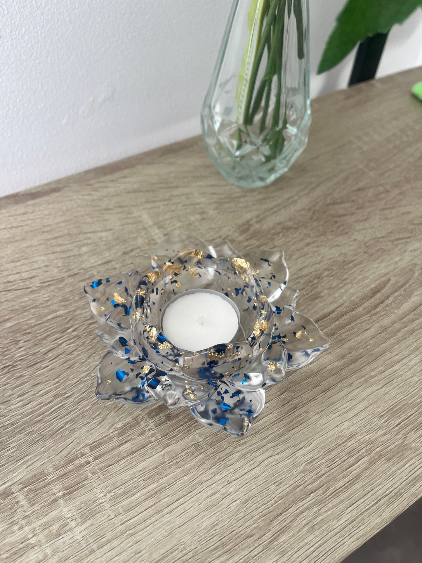 Bougeoir fleur de lotus bleu et or