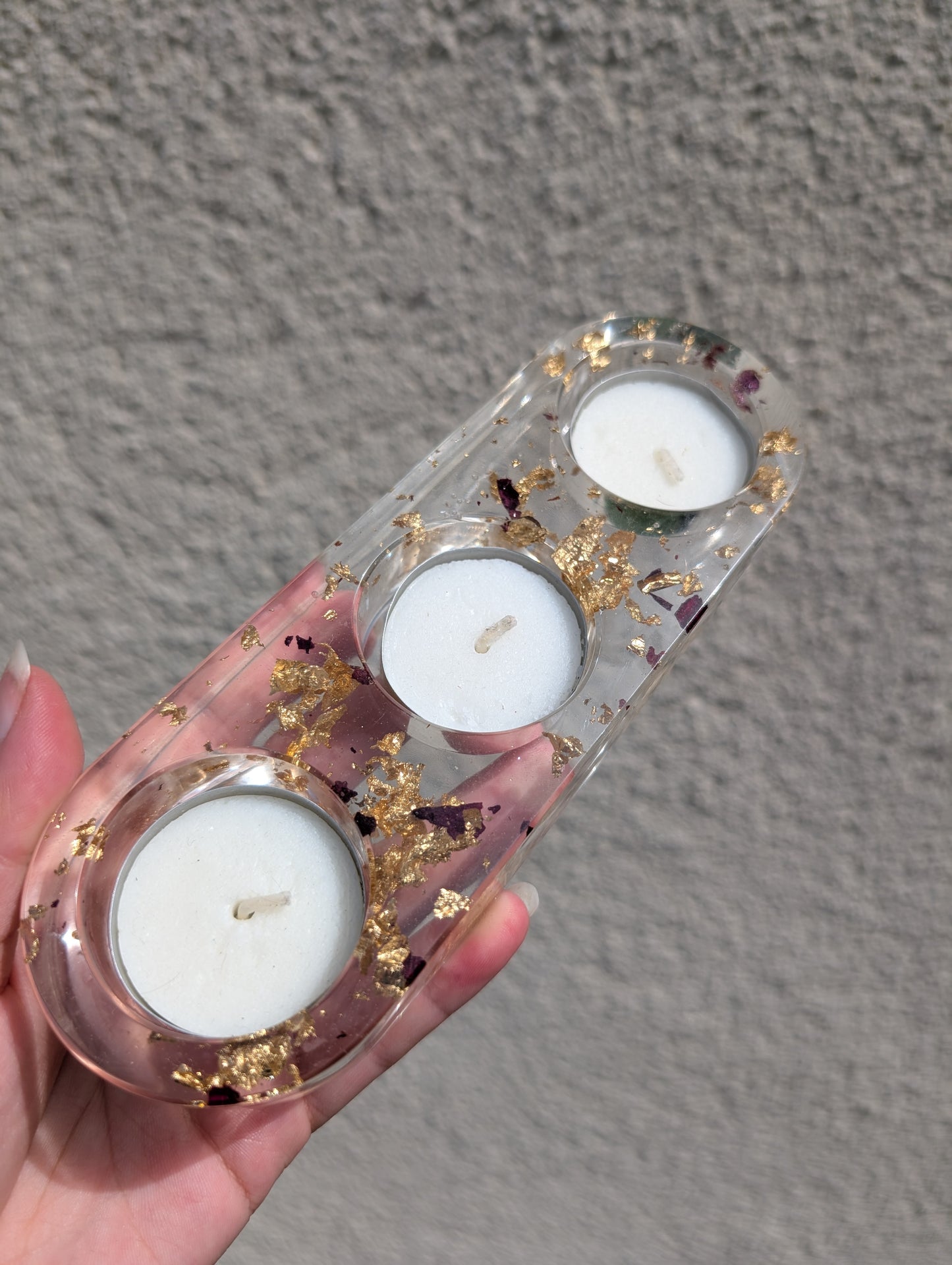 Bougeoir X3 pétales de rose feuille d'or