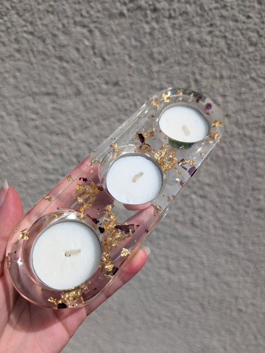 Bougeoir X3 pétales de rose feuille d'or
